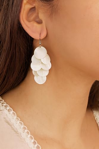 AeraVida Enchanting Cluster of White and Yellow Kabibe Shell Circles Handcrafted Dangle Earrings, 1.22x2.83 in2
