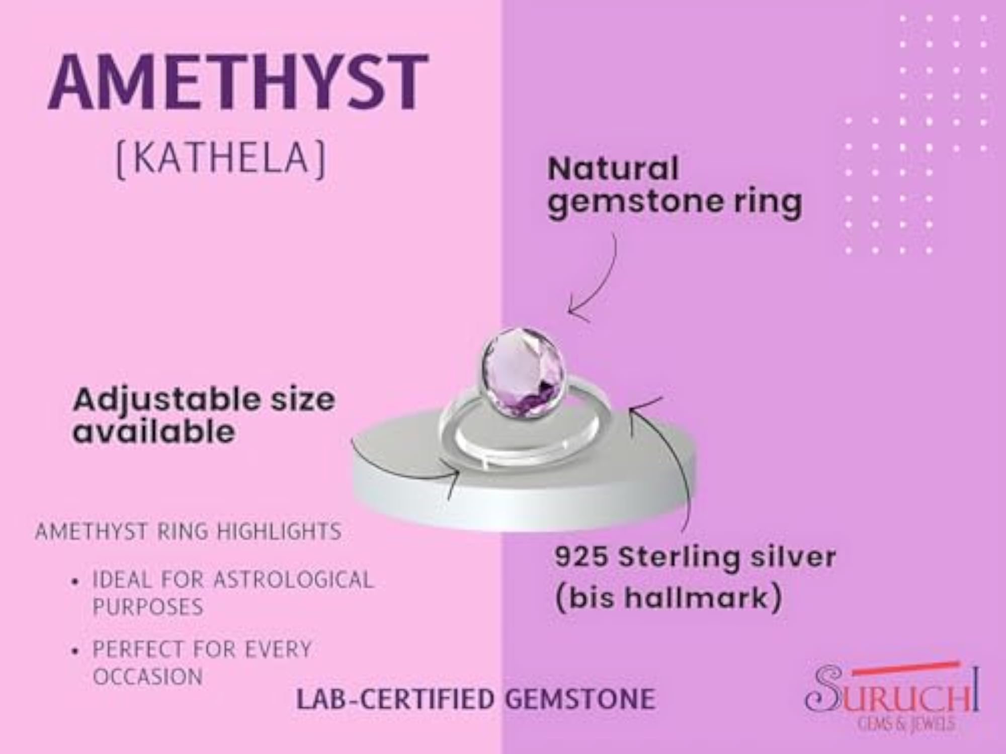 Women's Amethyst 925 Sterling Silver Adjustable Ring, Astrological Gemstone