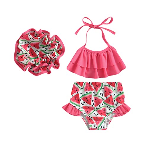 KMBANGI Kid Toddler Baby Girl Bikini Set Sleeveless Ruffle Bikini Top Trunks Shorts Bathing Suit with Sun Hat 3PCS Swimsuit (Red, 18-24 Months)