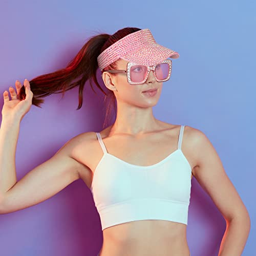 Women Sun Visor Bling Visor For Women Summer Crystal Sunglasses Oversized Square Sunglasses For Sports Tennis Outdoor (Pink) #TOP4