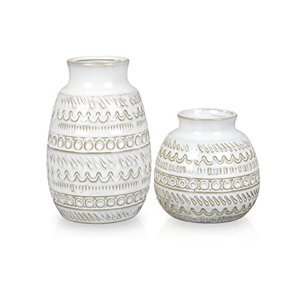 TERESA'S COLLECTIONS Ceramic Boho Vase for Home Decor, Distressed Beige Off-White Vases for Pampas Grass, Decorative Fall Farmhouse Vase for Fireplace Mantel, Living Room, Table, Shelf, 6.9"-2PCs