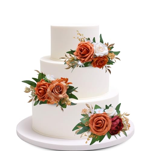 Marriwise 3Pcs Pre-made Cake Toppers Flowers, Burnt Orange Wedding Cake