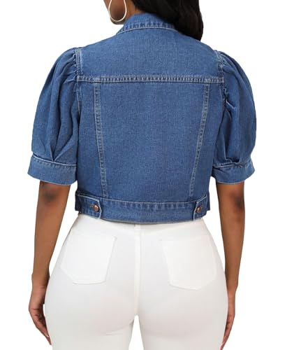 SEMATOMALA Women's Croppped Jean Jacket Puff Short Sleeve Button Down Denim Coat Crop Top Outerwear3