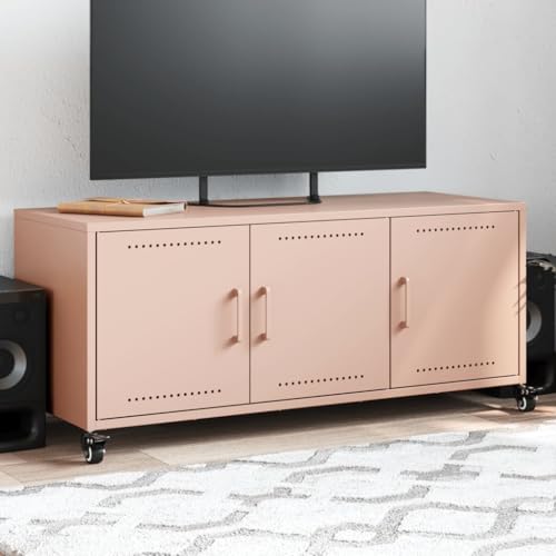 Homgoday Mueble TV rosa 100,5 x 39 x 43,5 cm de acero, mesa para TV, mueble para TV salón, mueble bajo para TV de salón industrial soporte TV Model846645