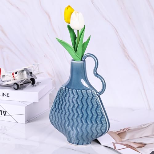 oliruim Vaso de cerâmica azul de 25,4 cm de altura com alça, vaso de cerâmica azul marinho exclusivo