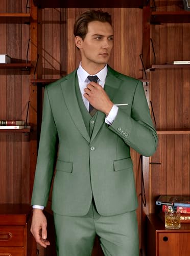 WULFUL Men’s Slim Fit Suit One Button 3-Piece Blazer Dress Business Wedding Party Jacket Vest & Pant - Image 3