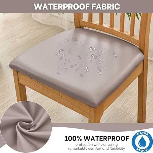 Image of SearchI Waterproof PU Leather Seat Covers for Dining Chairs, 6 Pack Stretch Dining Room Chair Seat Covers, Kitchen Chair Seat Covers Protectors (Taupe)