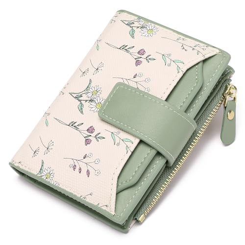 GAEKEAO Small Wallets Woman RFID Blocking Vegan Leather Bifold Floral Ladies Compact Card Holder with Zipper Pocket ID Window