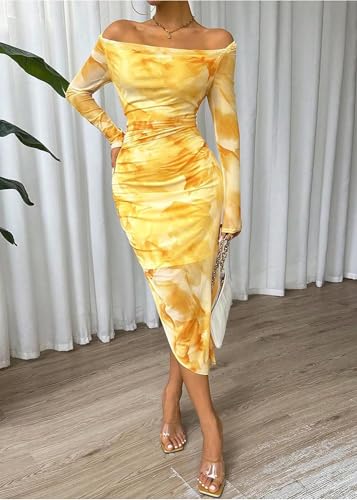 Image of MOEENCN Sexy Women's Bodycon Midi Dress Long Sleeve High Slit Cowl Neck Floral Print Cocktail Party Club Ruched Dresses
