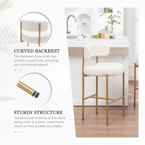 Image of Cinxzar Boucle Bar Stools Set of 3, White Counter Height Bar Stools with Backs, Gold Modern Barstools for Kitchen Island, Pub, Club
