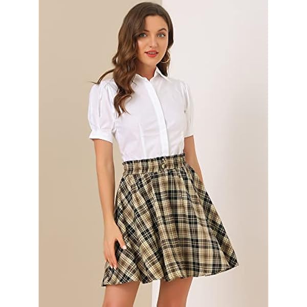 Allegra K - Gonna da donna in tartan con bottoni decorati, con bretelle