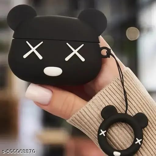 Image of Dezet Cute Soft Silicone Pouh Case for Airpods Pro GEN-2 (2022) � 3D Cartoon Animal Character Cover with Keychain Ring, Shockproof & Dustproof Protective Case for Kids & Girls (BLK Bear)