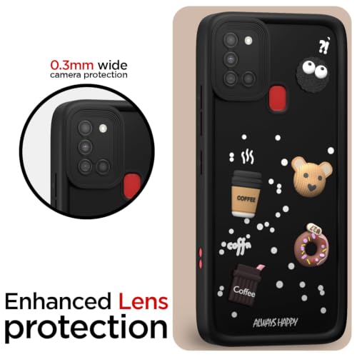 Image of Bintage Back Cover Compatible for Samsung Galaxy A21s 4G | Cute 3D Taddy Ball Bear Milk Cake Coffee Silicon Case Full Body & Camera Protection - Black
