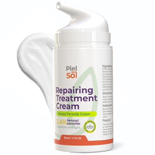 Piel del Sol cosmetics Acne Cleansing Cream & Repairing Treatment - Face & Body Skincare with Benzoyl Peroxide, Sweet Almond Oil, Tea Tree Oil, Aloe Vera Extract for Acne Spot Treatment, 50ml