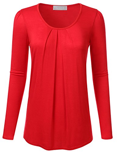 FLORIA Womens Ruched Round Neck Long Sleeve Solid Basic Blouse Top (S-3XL)