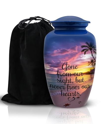 Image of Cremation Urn for Human Ashes Adult - Beach Sunset Printed Funeral Urn for Men & Women, Large Decorative Memorial Urn, Burial Urn with Velvet Bag, 200 Cu /in