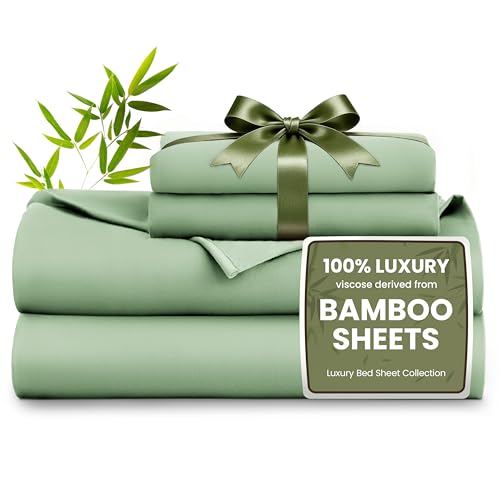 Image of Love's cabin 4 Piece Queen Sheet Set, 100% Rayon Derived from Bamboo, Cooling & Breathable, Soft Silky Deep Pocket up to 16 inch, Hotel Luxury Bedding for Hot Sleepers, Sage Green