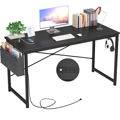 Foxemart 47 Inch Computer Desk with Magic Power Outlets and USB Charging Ports, Sturdy Modern Office Desks with Storage Bag and Hook, PC Laptop Study Writing Table, Simple Gaming Desk, Black