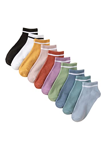 Oyoangle Women's 10 Pairs Vintage Striped Ankle Socks Athletic Sport Casual Crew Socks Black Green Blue One-Size #TOP24
