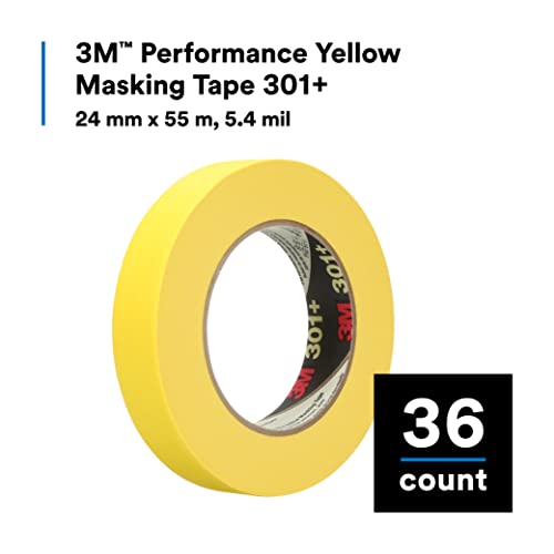 Image of 3M Performance Yellow Masking Tape 301+, High Performance Holding and Masking Tape for Automotive, Specialty Vehicle, Aerospace and Industrial Markets, 24 mm x 55 m, 5.4 mil, 36 /Case