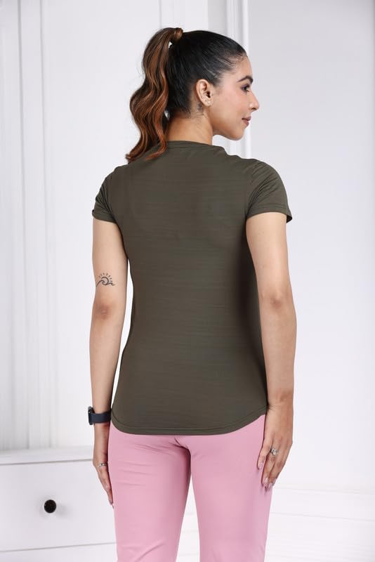 Image of Mlada Luxury Athleisure T Shirt Polyester Stretch Knit T-Shirt Full Length Moisture Wicking, Breathability, Compression for Gym, Workout and On-The-Move for Women
