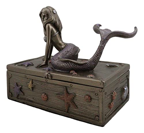 Ebros Gift Bronzed Resin Damsel Mermaid Ariel Resting On Starfish Corals Treasure Chest Decorative Jewelry Box Figurine 5"L Coastal Reef Marine Decoration Trinket #TOP5
