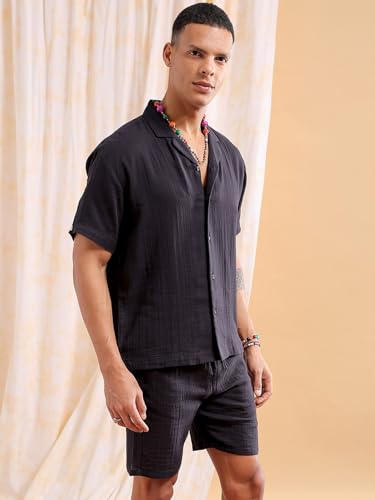 Image of The Indian Garage Co Men Regular Fit Solid Resort Wear Shirt & Boxers Co-ords Set