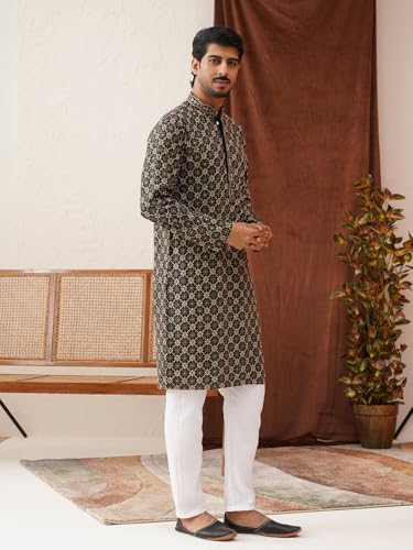 Image of Jompers Olive Embroidered Kurta Pyjama Set For Men (Olive, S)