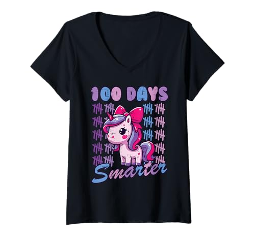 Mujer 100 Days Smarter Unicorn, 100 días de Escuela, niñas y niños pequeños Camiseta Cuello V