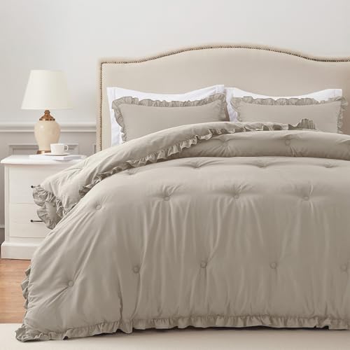 HARBOREST King Comforter Set Linen - Ruffle Comforter for King Size Bed, Fluffy King Size Comforter Set for All Seasons, 3 Pieces (1 Comforter & 2 Pillow Shams)