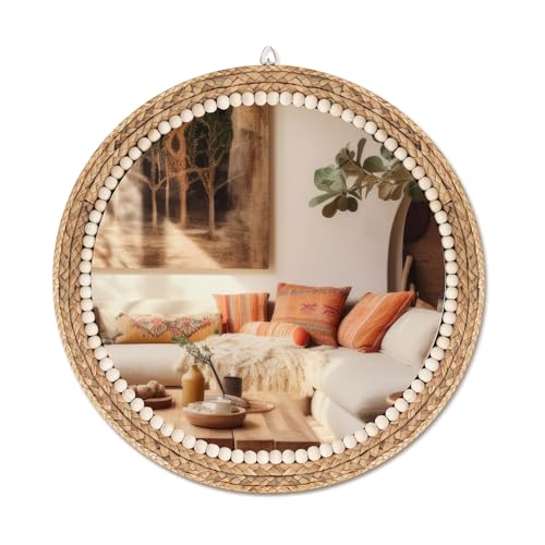 Vercraft Boho Round Hanging Wall Mirror Decor 20 Inches Rattan