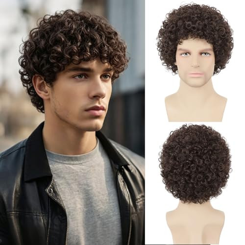 Yargel Hair Brown Curly Wig for Mens Costume Brown Afro Synthetic Funny Wigs for 70s 80s Halloween Cosplay Party Use