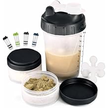 Hydro2Go 16oz Protein Shaker Bottle with Shaker Ball and 2 Storage Jars | BPA-Free Plastic Cup with Clear Measurement Scale | Perfect for Protein Mixes and Pills | Portable Pre-Workout Drink Cup Black