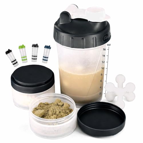 Hydro2Go 16oz Protein Shaker Bottle with Shaker Ball and 2 Storage Jars | BPA-Free Plastic Cup with Clear Measurement Scale | Perfect for Protein Mixes and Pills | Portable Pre-Workout Drink Cup Black