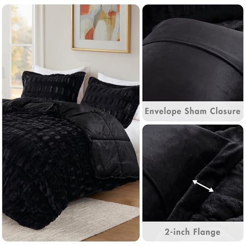 Image of Madison Park King Comforter Set Reversible Faux Fur Elegance with Soft & Plush Mink-Like Reverse, Heavyweight 6D Overfilled Warm & Fluffy Comforter for King Size Bed, Gia, King /Cal King Black 3 Piece