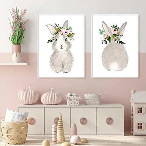 Rabbit Canvas Wall Art Nursery Artwork Canvas Animal Picture With Flowers Cute Wall Art Bunny Funny Animal Picture Wall Decor Bunny Nursery Picture Cute Rabbit Poster Painting 12x16inchx2 No Frame