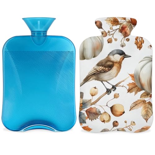 Hot Water Bottle with Soft Cover,2L Cartoon Pumpkin Bird Hot Water Bag for Hot and Cold Compress, Hand Feet Warmer, Rubber Hot or Cold Water Bottle Halloween Christmas Decorations