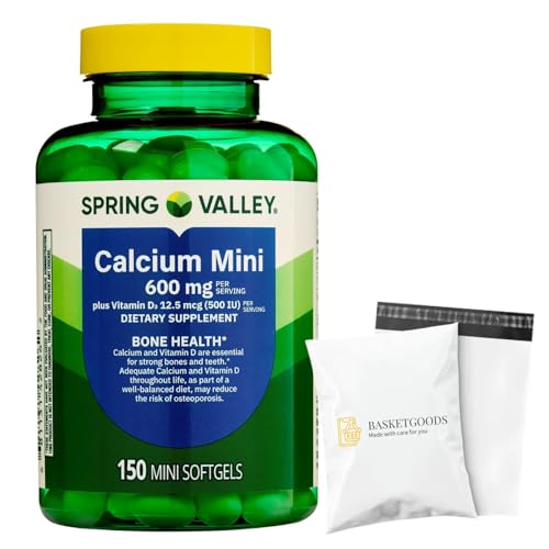 SV Calcium 600mg with Vitamin D3 Bone & Teeth Support 150 Mini Softgels Easy to Swallow Gluten-Free Non-GMO Set by Basketgoods