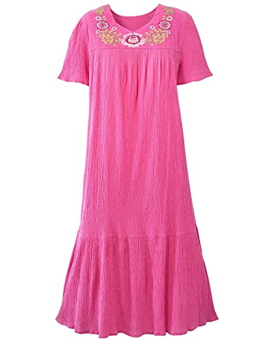 National Women's Embroidered Crinkle Cotton Lounge Dress Sweetheart Neck Pockets Short Sleeve Lounger, Raspberry, Petite Medium #TOP25
