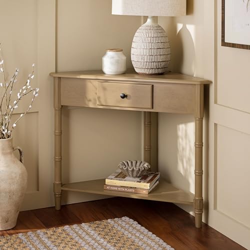 Image of SAFAVIEH Furniture - Gomez 1-Drawer Corner Table - Desert Brown - Solid Wood - Classic Corner Storage Design - Ideal for Entryway, Living Room, Home Office, 33.1 inch W x 17.3 inch D x 28 inch H (AMH5709L)