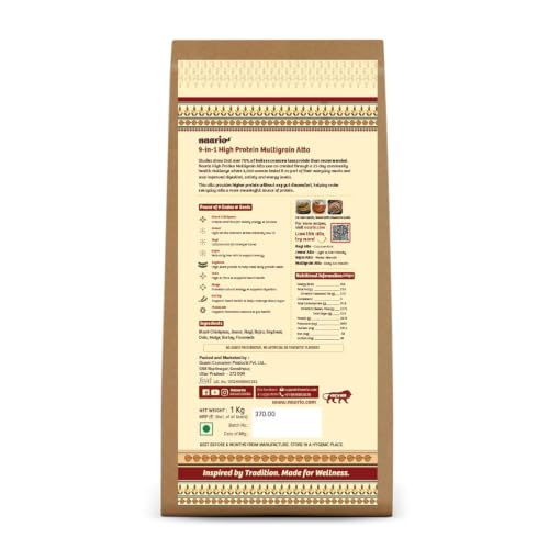 Image of Naario 9-in-1 Multigrain Atta | Protein Atta | 8g Protein Per Roti | No Wheat | Low GI | Diabetic Friendly | 9 Roasted Grains - Black Chana, Jowar, Ragi, Bajra, Oats, Flaxseeds | Gluten Free | 5kg (1kg x 5)