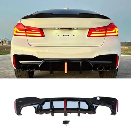 Fit for BMW G30 Rear Diffuser 2017-2023, G31 G38 M5 Sedan 5 Series 530e/530i/540i/550i Rear Bumper Lip W/LED Light, Gloss Black ABS G30 Automotive Exterior Accessories Body Kit