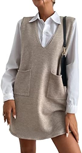OYOANGLE Women's V Neck Sleeveless Knitted Solid Short Sweater Dress with Pockets Khaki M