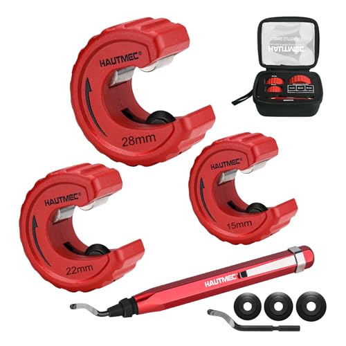 HAUTMEC Copper Pipe Cutter Set 3 PCS Tube Cutter Plumbing Tools, in Portable Storage Case, Include 15mm.,22mm., and 28mm Pipe Cutters, Reaming Pen, 3 Spare Cutting Wheels, 1 Spare Deburring Blade, Red