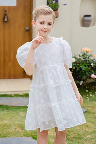 Smiling Pinker Girls Princess Party Dress Tiered Flower Puff Sleeve Ruffle Babydoll A-Line Organza Dress Bow(White,4-5 Years) #TOP1
