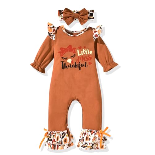 Image of Unutiylo Baby Girl Thanksgiving Christmas Outfit My First Holidays Romper Ruffle Sleeve Jumpsuit with Headband Set