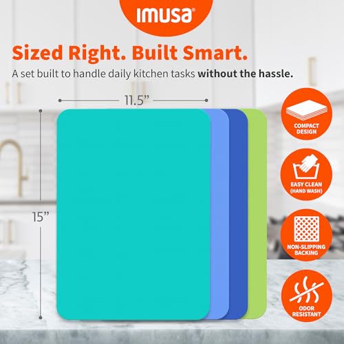 Image of IMUSA Plastic Cutting Board Mats, Flexible Set of 4, 11.5 inchx15 inch, Non-Slip | Color-coded for meat, veggies, fruit, and bread prevents cross-contamination, odor-resistant, thin, lightweight, hand wash