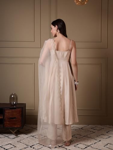 Image of FIORRA Women Off-White Viscose Chanderi Embroidered A-Line Kurta Set with Dupatta