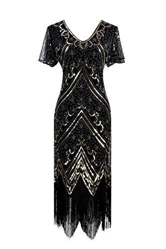 1920S Sequin Vintage Dress Beaded Gatsby Flapper Dress With Accessories Set (Medium, Style02-Black&Gold) #TOP1