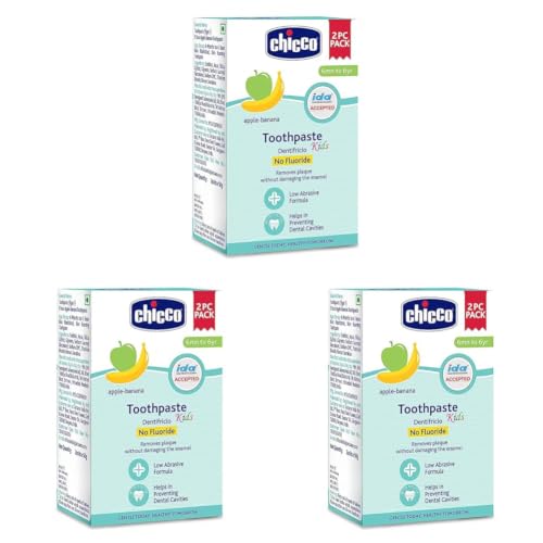 Image of Chicco Toothpaste for Kids, Best for Baby (6m-6y), Apple-Banana Flavour, 50g (Pack of 6) | Fluoride-Free & Low Abrasive | Removes Plaque, Helps Prevent Cavities | IDA Accepted